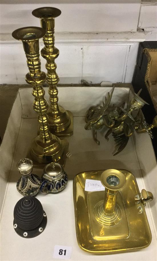 Pair brass candlesticks, brass candle holder, Doulton mustard & salt & striker